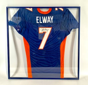 Framed Signed Denver Broncos Jersey by John Elway in Display Case