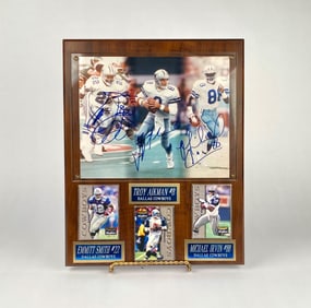 Framed Dallas Cowboys Signed Photo Display Featuring Emmitt Smith, Troy Aikman, and Michael Irvin