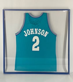 Larry Johnson Signed Charlotte Hornets Champion Framed Jersey