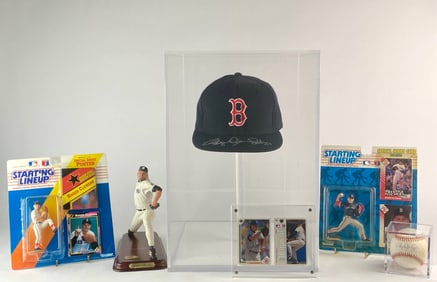 Roger Clemens Signed Red Sox Cap with Cards, Figures, and Ball Set
