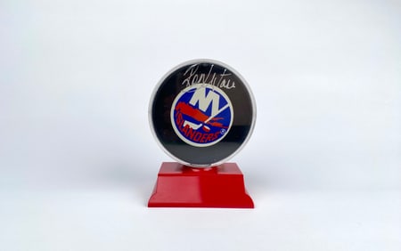 Ron Hextall Autographed New York Islanders Hockey Puck in Case