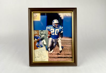 Barry Sanders Autograph Cut, Framed with Detroit Lions Ephemera
