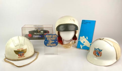 Soap Box Derby Memorabilia Collection with Helmets, Model, and Ephemera