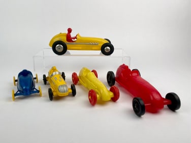 Lot of Five Vintage Plastic and Hard Rubber Race Cars