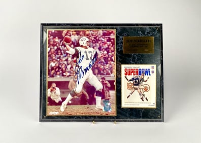 Joe Namath Signed Photo and Super Bowl Memorabilia Plaque