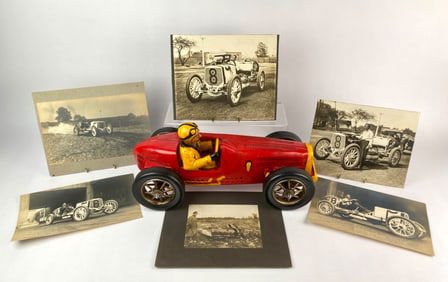 Vintage Painted Racing Car Model with Early Automobile Photographs