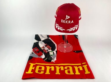 Ferrari Memorabilia Set with Signed Cap, Keys, Models, and Flag