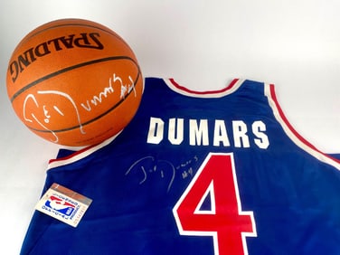 Joe Dumars Signed Detroit Pistons Jersey and Basketball Set