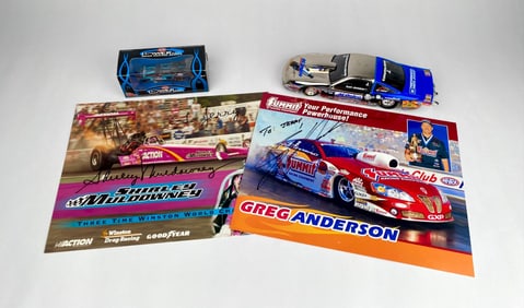 Signed Drag Racing Memorabilia Set with Die-Cast Models