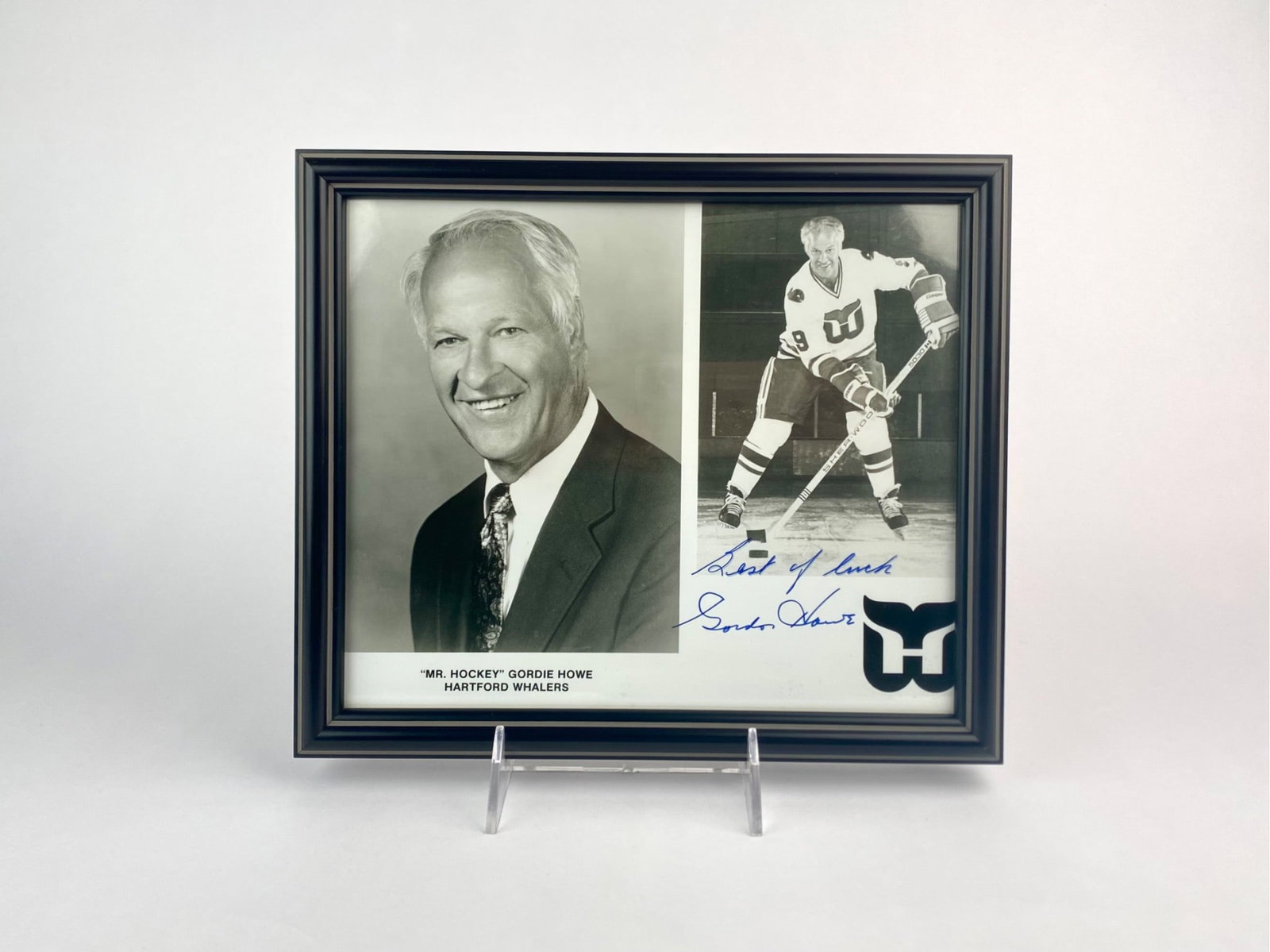 Gordie Howe Signed Hartford Whalers Dual Photo Display: Framed dual-photo display featuring “Mr. Hockey” Gordie Howe during his time with the Hartford Whalers. The left side presents a formal portrait labeled “MR. HOCKEY” GORDIE HOWE HARTFO