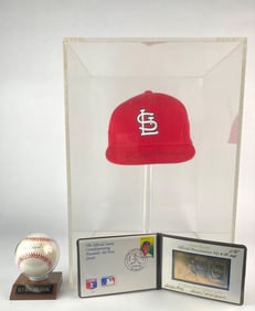 Stan Musial Signed Cap, Baseball and Gold Stamp Set