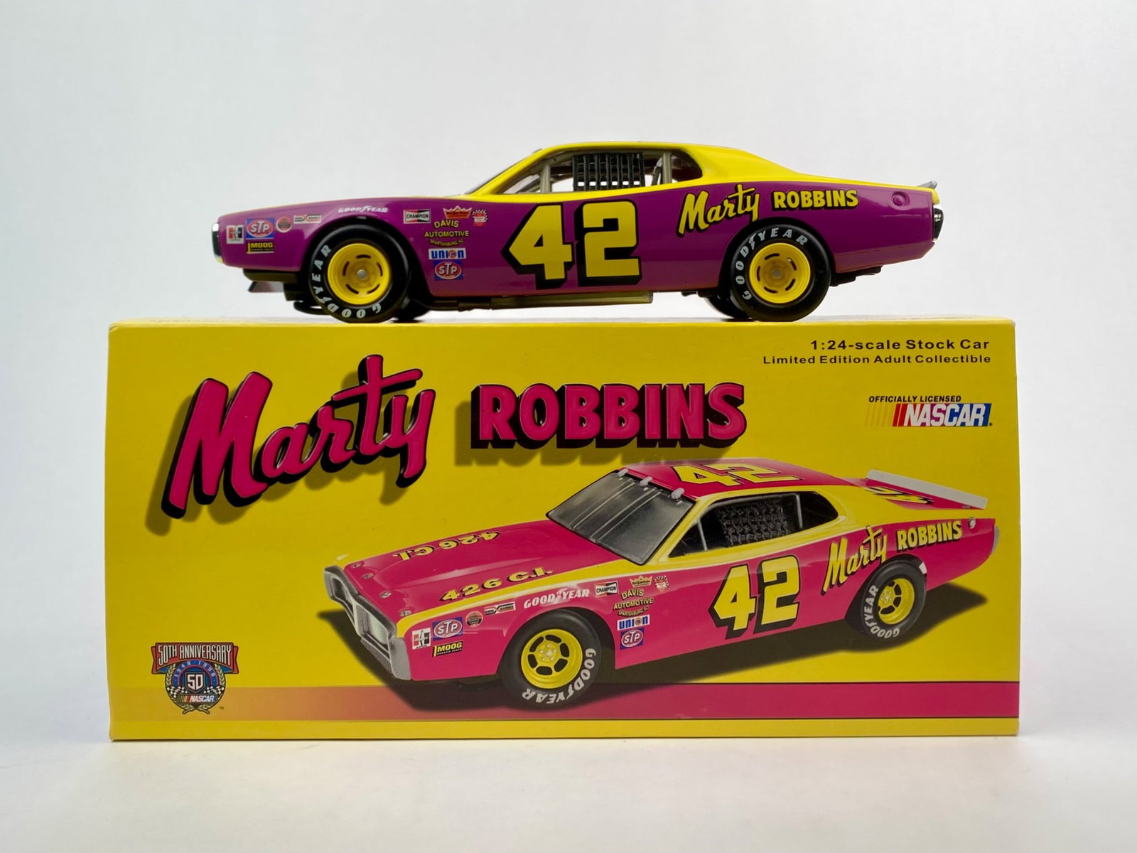 Action Platinum Series Marty Robbins #42 1974 Dodge Charger 1:24 Die-Cast with Original Box (1998): Limited edition 1:24 scale stock car by Action Performance, part of the Platinum Series, commemorating NASCAR driver Marty Robbins. Produced in 1998 as a NASCAR-licensed collectible, this car is one o