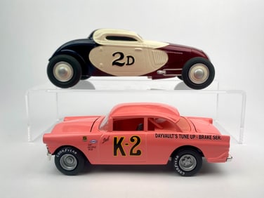 Set of Two Vintage Die-Cast Racing Models – 1934 Ford Coupe and 1955 Chevy K-2