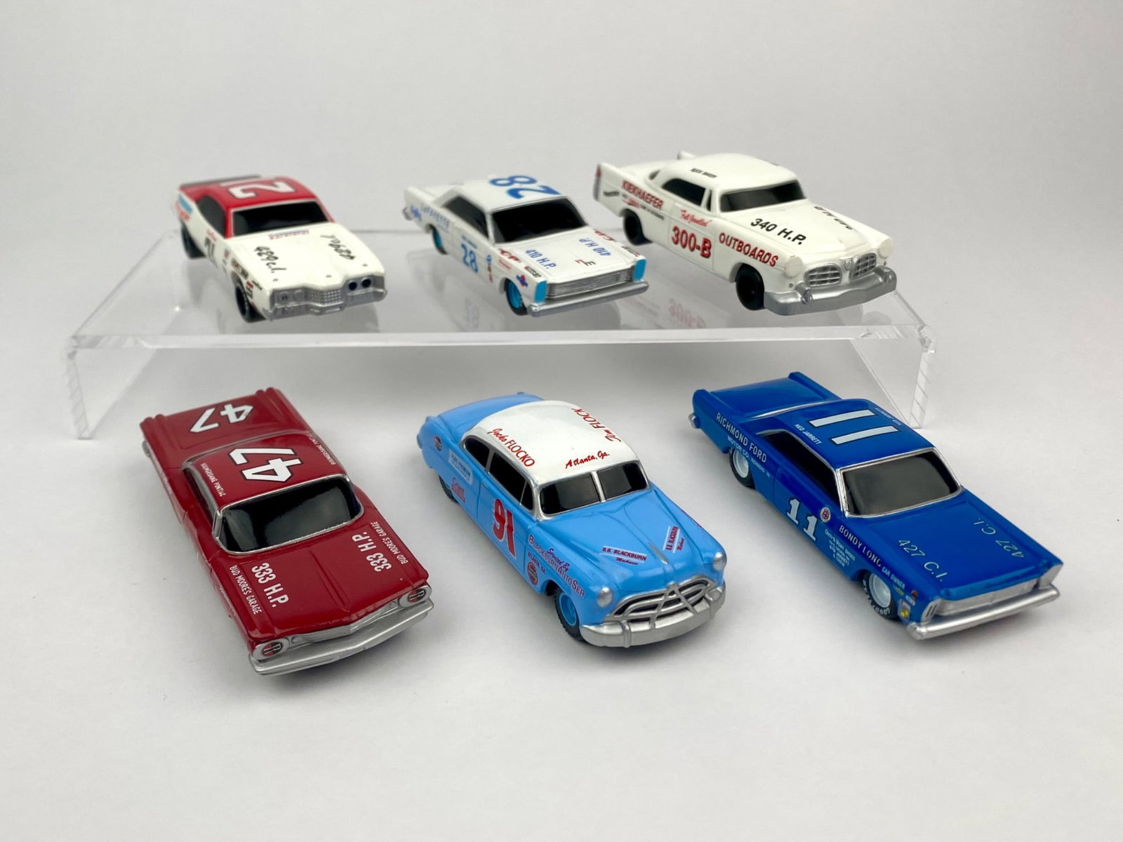 Set of Six Legends of Racing 1:43 Die-Cast Stock Cars (1992): Lot features six vintage NASCAR replica die-cast cars produced by Legends of Racing, Inc. in 1992m each in 1:43 scale and marked on the base. Included are the #21 1971 Mercury Cyclone in Purolator Spe