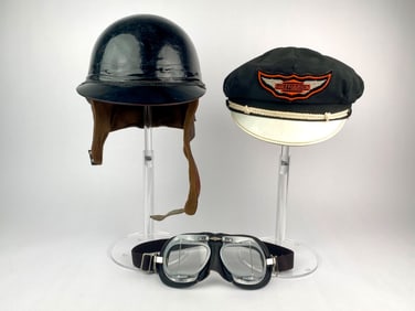 Cromwell 1950s Motorcycle Helmet, Harley Davidson Cap & Halcyon Googles