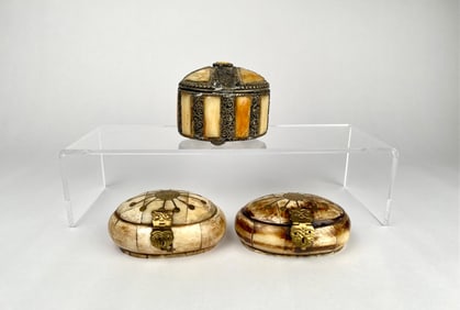 Three Bone and Metal Boxes with Inlay and Hinged Lids