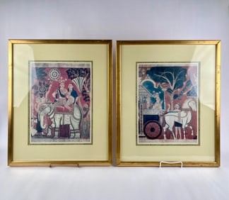 Set of Two Framed Prints “Horse and Elephant" from Paintings from Temple Shrine and Rock
