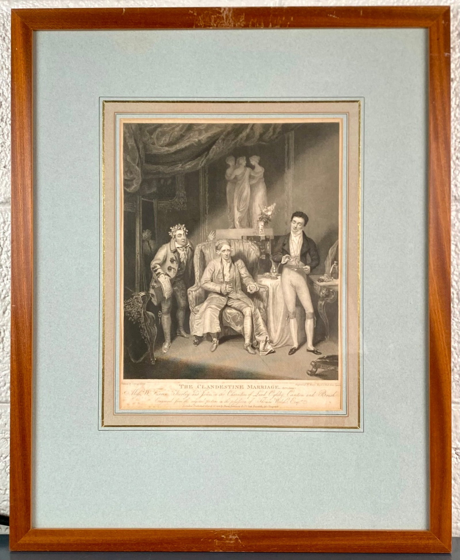19th Century Engraving after George Clint “The Clandestine Marriage": 19th century engraved print titled “The Clandestine Marriage-Act 2, Scene 1,” after a painting by George Clint and engraved by Henry Meyer. The scene features actors W. Farren, Harley and Jone