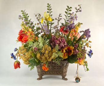 NDI Faux Floral Arrangement in Ornate Footed Planter with Bird Nest Accent