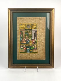 Framed Indian Mughal-Style Miniature Painting of Courtly Ladies