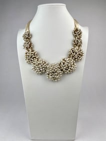 Kate Spade Style Pearl Cluster Bib Necklace with Satin Ribbon