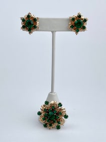 Vintage Gold-Tone & Emerald-Green Rhinestone Brooch and Earring Set