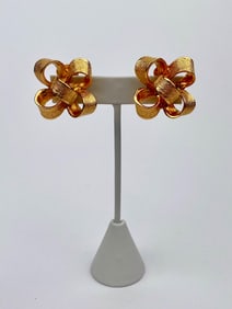 Signed KJL Gold-Tone Textured Bow Clip Earrings