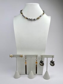 Mixed Faux Pearl and Beaded Necklace & Earring Trio Set