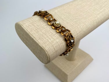 Vintage Gold-Tone Link Bracelet with Faux Pearls & Rhinestones