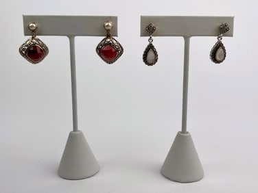 Pair of Sterling Silver Dangle Earrings: Red Glass & Mother-of-Pearl