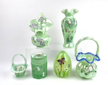 Collection of Fenton Green Satin Glassware