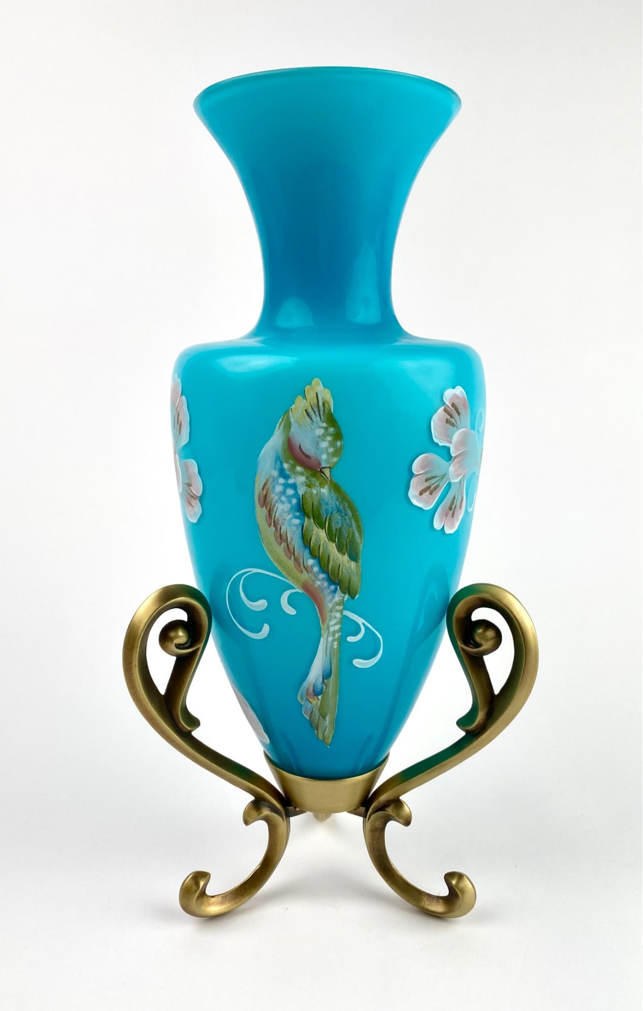 Fenton Landmark Collection Hand-Painted Amphora Vase: Fenton glass vase in a vibrant turquoise color, part of the 100th Anniversary Landmark Collection (1905-2005). Features hand-painted floral designs and a bird design, signed by the artist H. Cronin. I