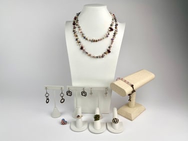Mixed Jewelry Collection with Rings, Earrings, Pearl Necklace & Beaded Bracelet