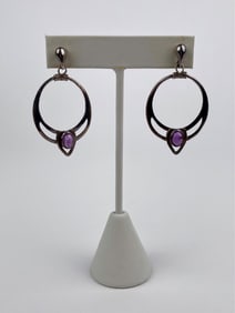 Silver-Tone Hoop Earrings with Purple Cabochon Stones
