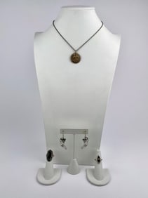 Vintage Mixed Silver Jewelry Lot – Austria Map Pendant Necklace, Floral Dangle Earrings & Two