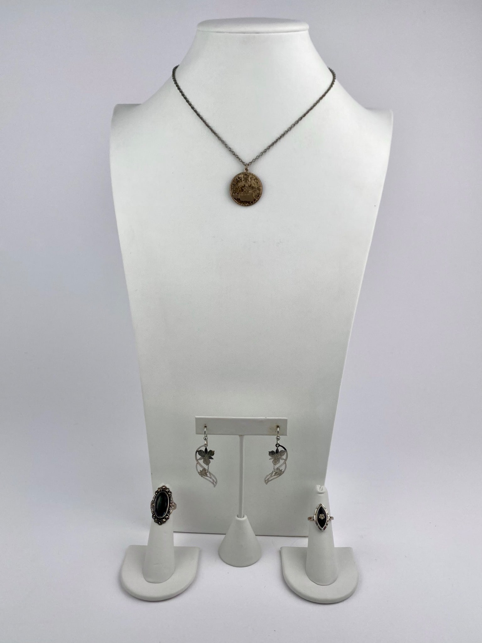 Vintage Mixed Silver Jewelry Lot – Austria Map Pendant Necklace, Floral Dangle Earrings & Two (1 of 8)