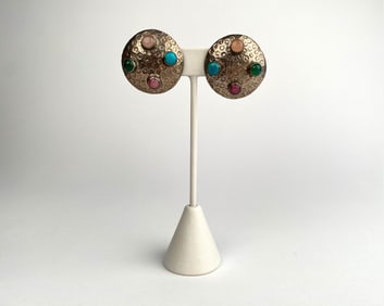 Mexican Sterling Silver Clip-On Earrings with Multi-Stone Inlays