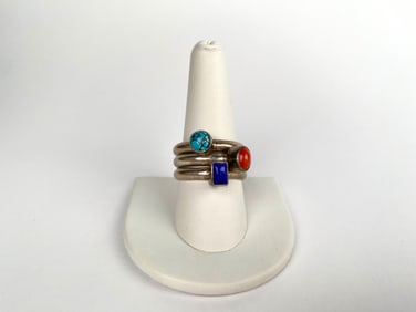 Silver-Tone Rings with Turquoise, Lapis Lazuli, & Coral Stones