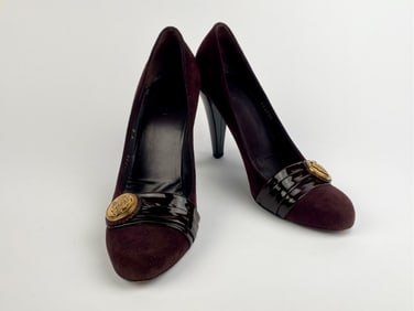 Gucci Burgundy Suede & Patent Leather Medallion Pumps, Size 9B
