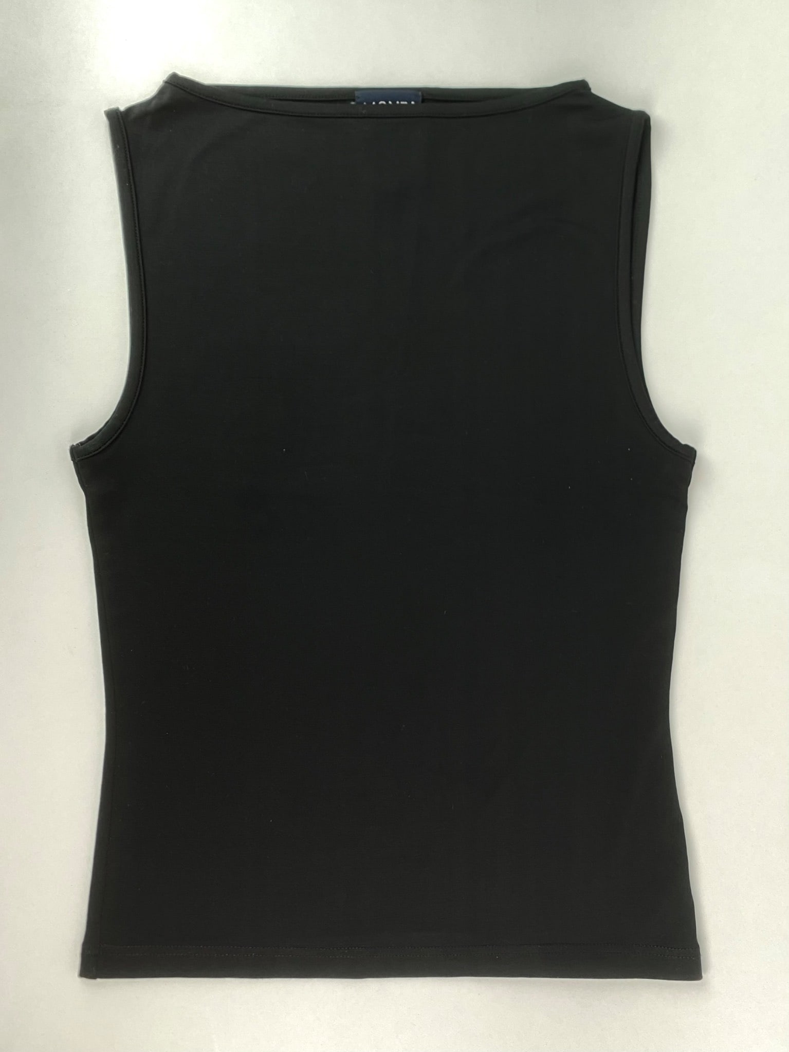 Mondi Sport Black Sleeveless Stretch Top: Vintage Mondi Sport sleeveless black top featuring a minimalist design with a stretch fit. Made from a smooth, lightweight jersey fabric, the top has a clean silhouette with a boat-style neckline and