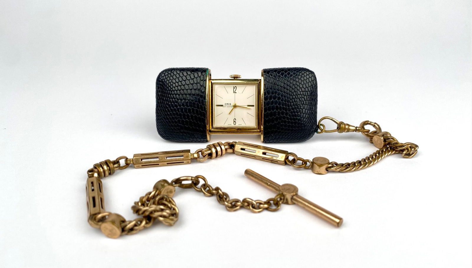 Vintage Oris Swiss Travel Clock with Leather Case & Chain (1 of 7)