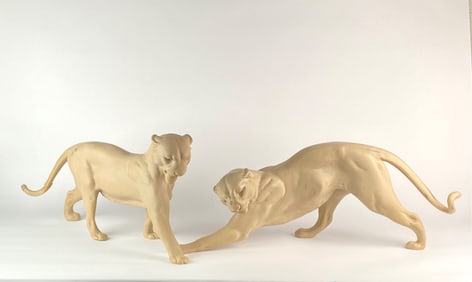 Pair of Large Vintage Panther Sculptures in Tan Composite