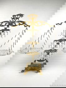 Victorian Revival Gilt Metal and Crystal Scale Centerpiece with Hanging Cut Glass Trays