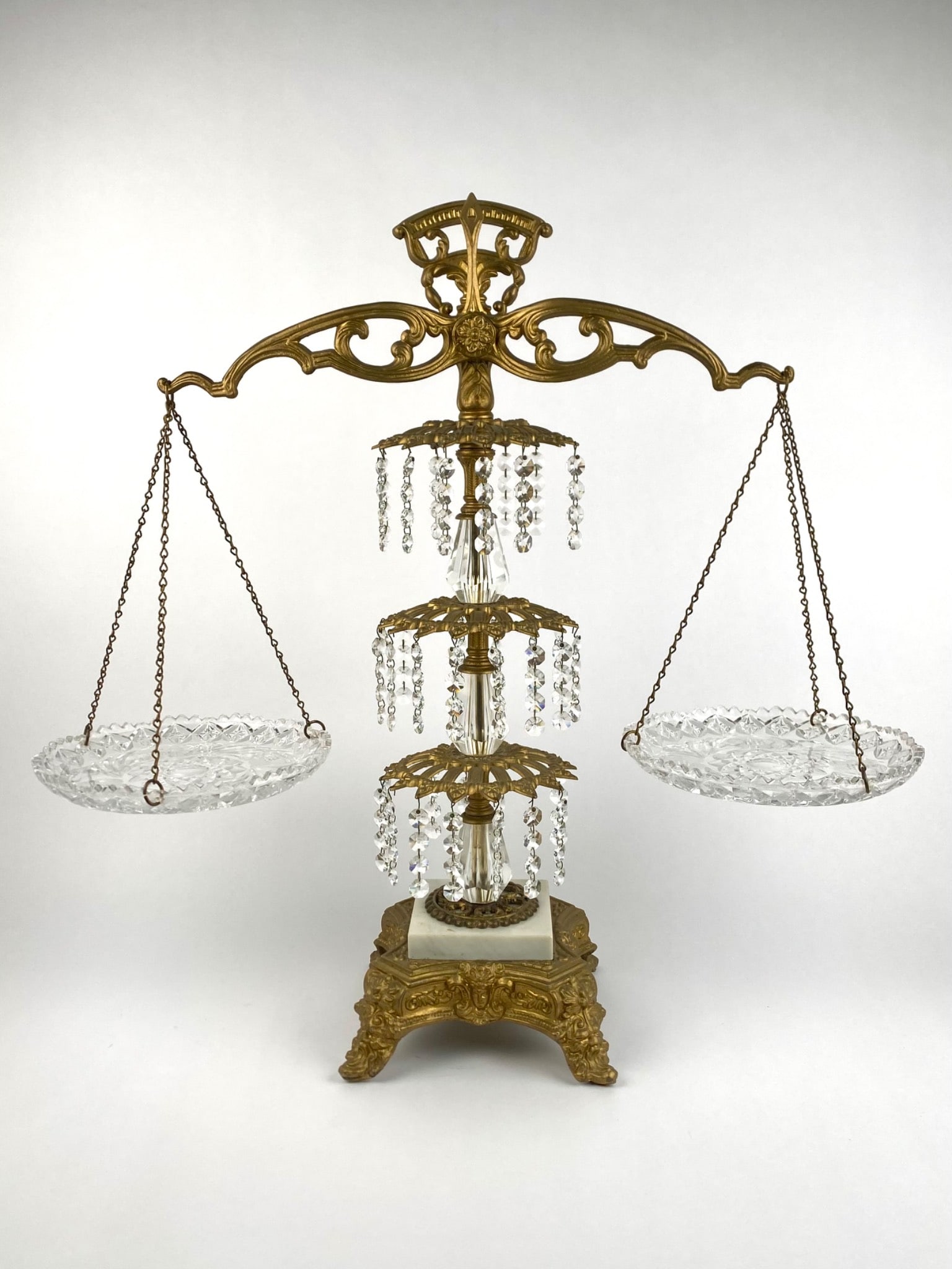 Victorian Revival Gilt Metal and Crystal Scale Centerpiece with Hanging Cut Glass Trays (1 of 12)
