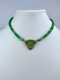 Carved Green Jade Bead Necklace with Triangular Pendant, Marked 14K