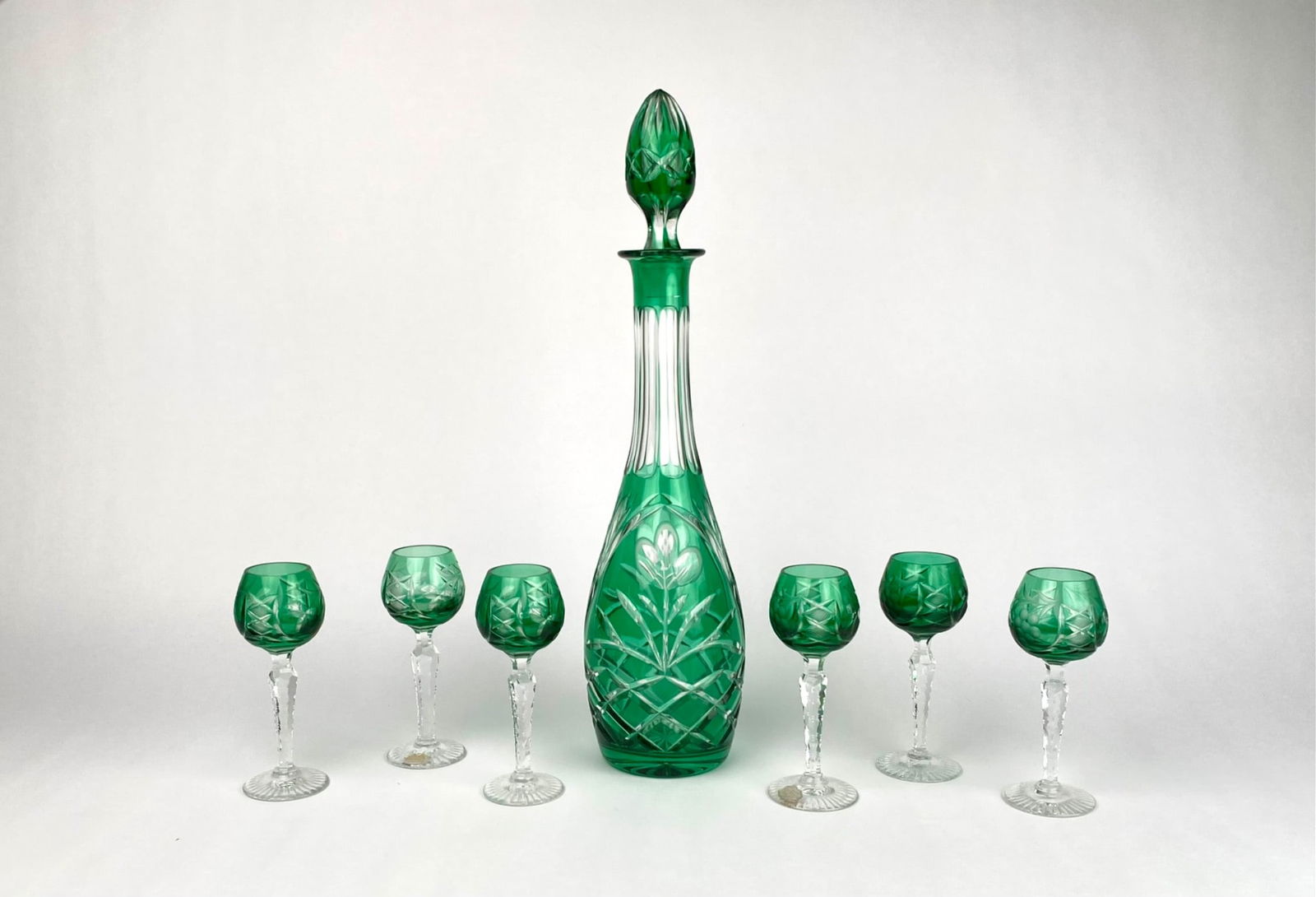 Emerald Green Cut-to-Clear Crystal Decanter and Cordial Set, 7 Pieces (1 of 12)