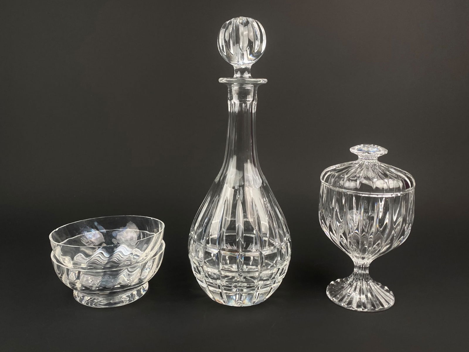 Group of Cut and Pressed Crystal Tableware featuring Decanter, Lidded Compote, and Bowls (1 of 12)