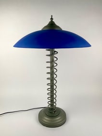 Hemsley Industrial Art Deco Table Lamp with Blue Glass Shade