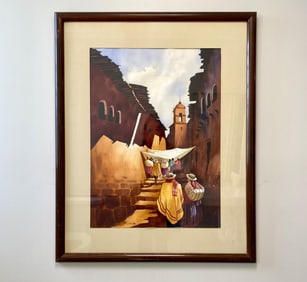 Framed Watercolor Street Scene Signed by Julio Sonco, 1987