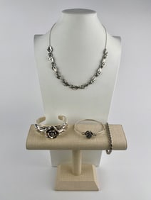 Sterling Silver Rose Motif Four-Piece Jewelry Set